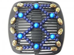 11cm African Butterfly hair clip on black comb | Pretty Blue and Gold Beads