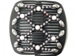 11cm African Butterfly hair clip on black combs with grey pearl and silver beads