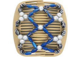 African Butterfly hair clip on blonde interlocking combs with Blue and Pearl Beads