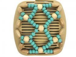 African Butterfly hair clip on blonde comb with Turquoise and Cream Wooden Beads