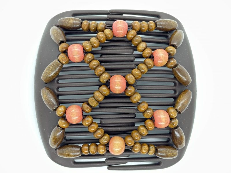 African Butterfly hair clip on brown interlocking combs with brown and pink wooden beads