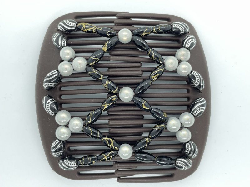 African Butterfly Hair Clip on Brown Interlocking Combs | Pretty Black and Pearl beads